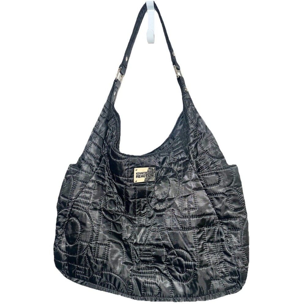 Kenneth Cole Reaction Y2K Black Quilted Nylon Logo Hobo Shoulder Bag
